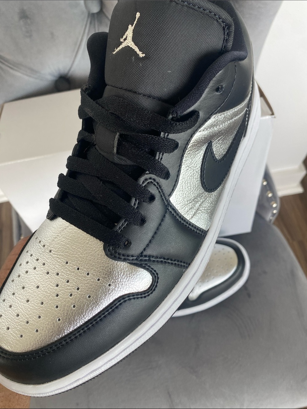 NWT Women’s Jordan 1 Low SE Black and Metallic Silver Low Top Sneakers - Picture 5 of 17